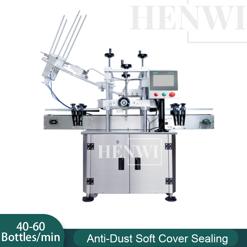 Henwi HWFCL- 2 Nozzles Automatic Powder Filling Weighing Packing Machine Powder Bottling Canning Seaming Machine with Aluminum Cover Crimping Capping Sealing Machine Lid Crimper Capper Sealer with Soft Anti-Dust Cover Feeding Pressing Sealing Machine