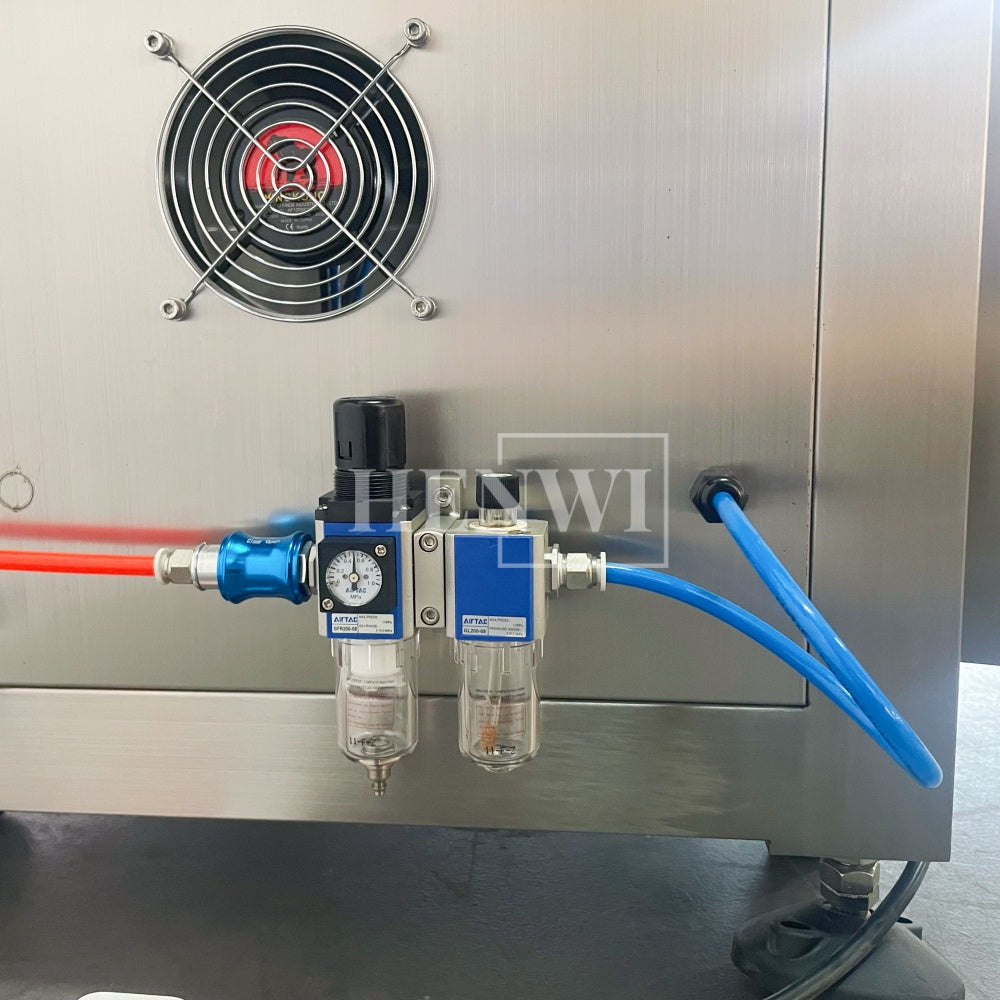 Henwi HWFCL-Automatic 1 Nozzle Gear Pump Liquid Filling Machine with 1 Station Capping Machine with Round Bottle & Square Bottle 1 Side Labeling Machine