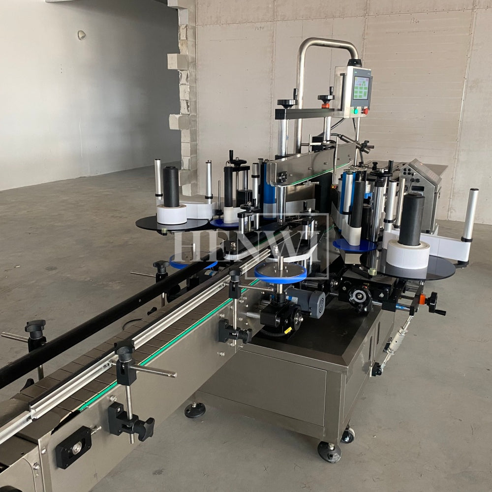 Henwi HWFCL-2 Nozzles Automatic Granular Paste Sauce Jam Bottling Filling Machine with Automatic Iron Tinplate Cap Capping Feeding Sealing Machine with 2 Sides Square Bottle & Round Bottle Labeling Machine Line
