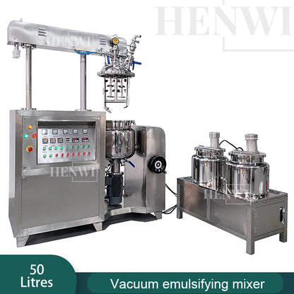Tanque mezclador de calentamiento y homogeneización de emulsión al vacío con tapa de elevación hidráulica Henwi HWVM-FT-50L