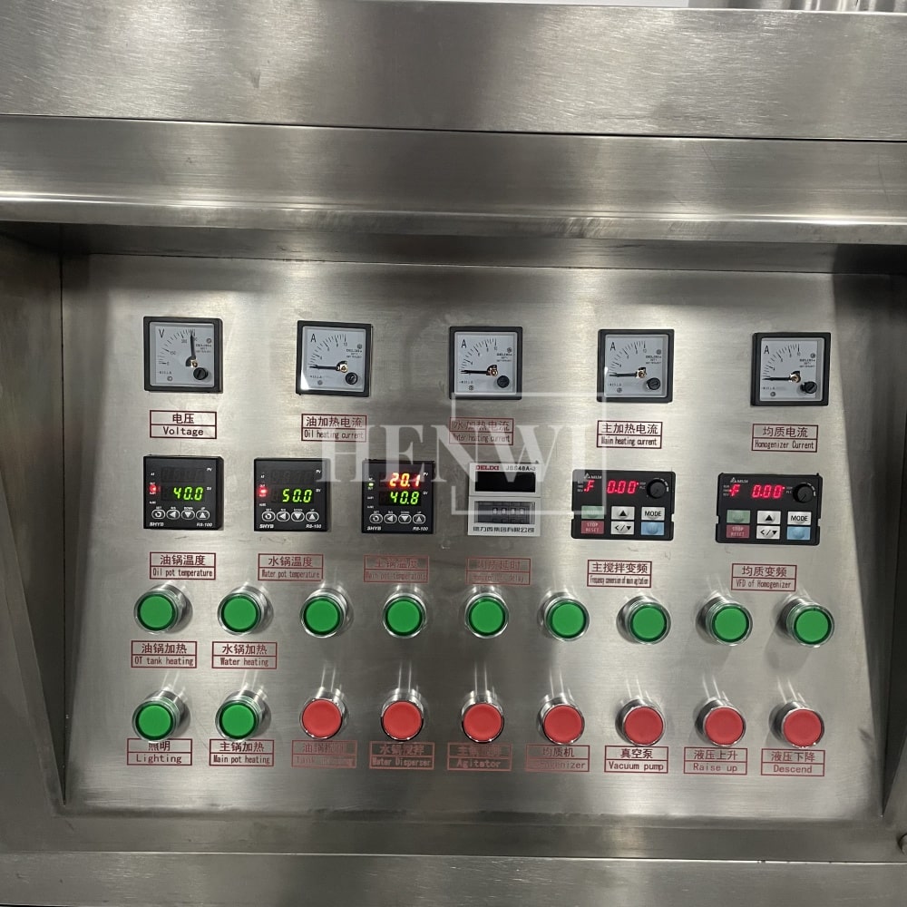 Tanque mezclador de calentamiento y homogeneización de emulsión al vacío con tapa de elevación hidráulica Henwi HWVM-FT-50L