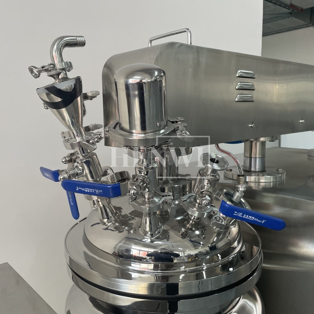 Tanque mezclador de calentamiento y homogeneización de emulsión al vacío con tapa de elevación hidráulica Henwi HWVM-FT-50L