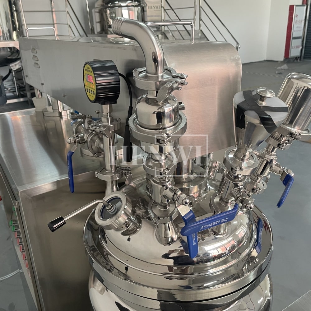Tanque mezclador de calentamiento y homogeneización de emulsión al vacío con tapa de elevación hidráulica Henwi HWVM-FT-50L
