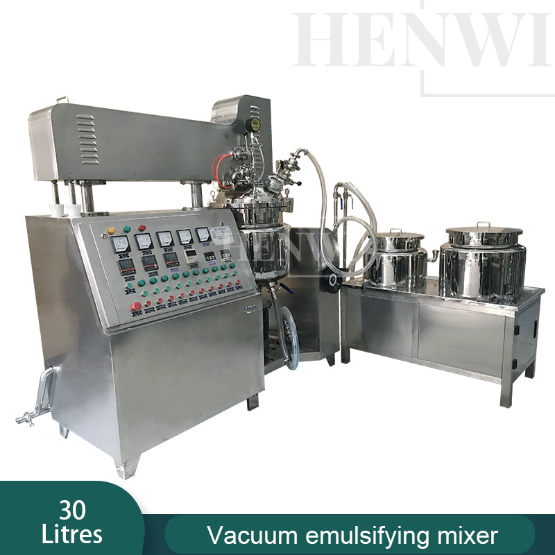 Tanque mezclador de calentamiento y homogeneización de emulsión al vacío con tapa de elevación hidráulica Henwi HWVM-FT-30L