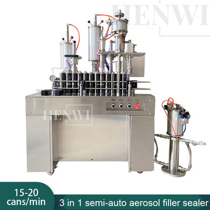 Henwi HWAM-3 in 1 Semi Automatic Aerosol Filler Sealer Packer Aerosol Spray Aluminum Can Filling Crimping Machine