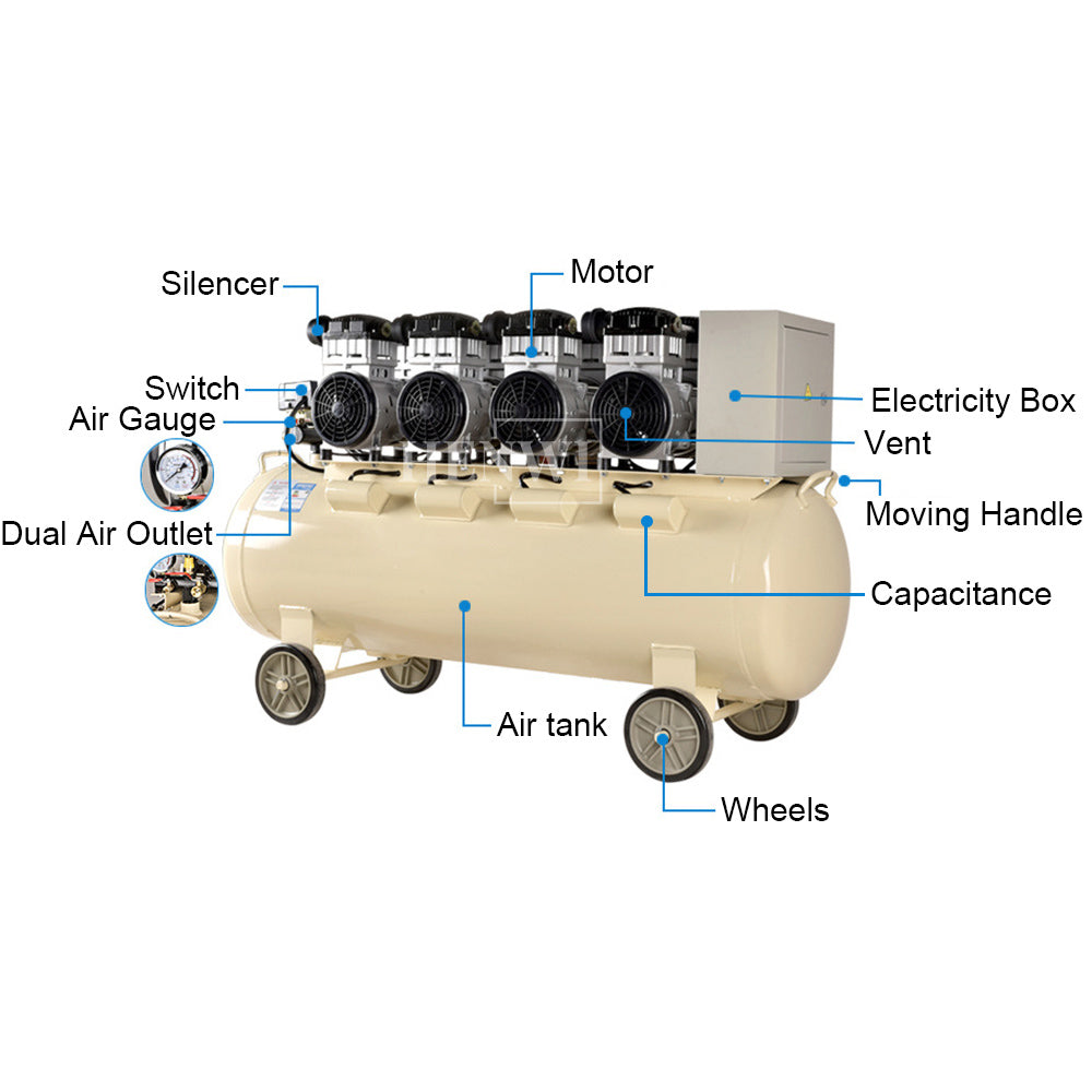 Henwi HWAM-4.4KW Mobile Air Compressor Oil-Free Portable Quiet Air Compressor Silent Piston Air Pump Compression Engine Pure Copper Piston Type