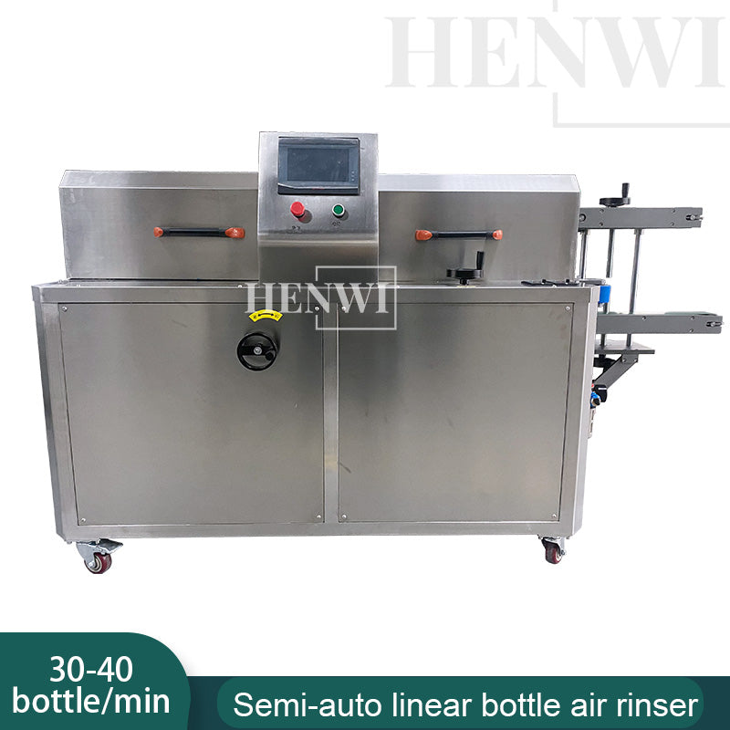 Henwi HWAM-Semi-Auto Linear Clamping Model Air Type Bottle Rinser Washer Ionized Air Glass Jar Bottle Cleaning Machine Dust Remover Bottle Cleaning Machine