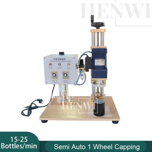 Máquina selladora de tapas y tapas de sobremesa semiautomática Henwi HWCM-S-W4 con 4 ruedas para enroscar y sellar botellas, máquina selladora manual de tapas