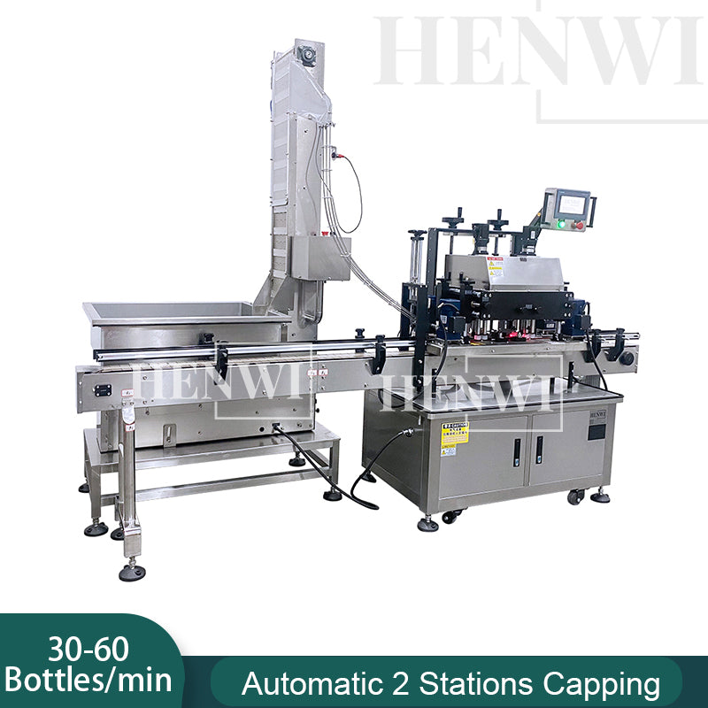 Henwi HWCM-W4x2 Automatic 2 Stations 4 Wheels Capper Bottle Screwing Capping Sealing Machine Cover Sealer with Automatic Cap Lifting Elevator Feeding Machine
