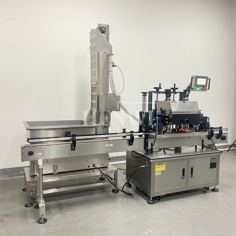 Henwi HWCM-W4x2 Automatic 2 Stations 4 Wheels Capper Bottle Screwing Capping Sealing Machine Cover Sealer with Automatic Cap Lifting Elevator Feeding Machine
