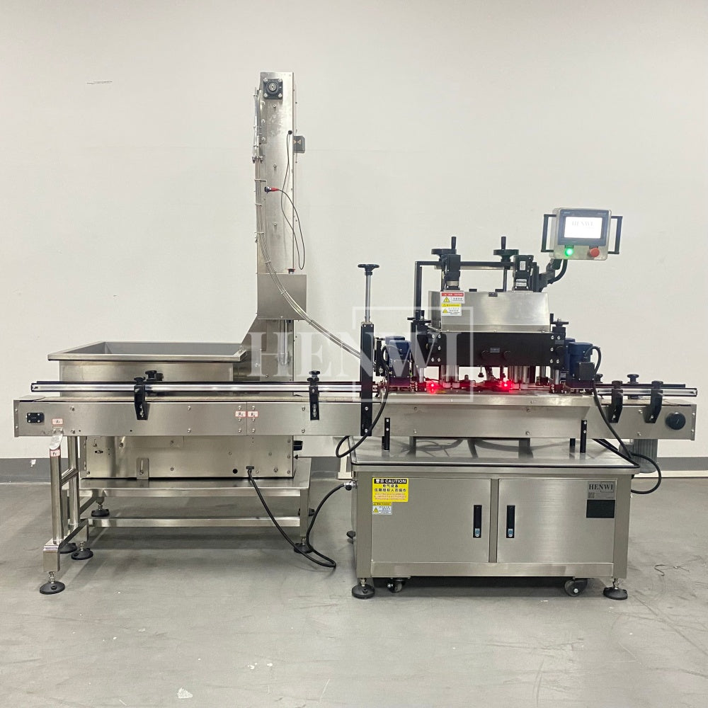 Henwi HWCM-W4x2 Automatic 2 Stations 4 Wheels Capper Bottle Screwing Capping Sealing Machine Cover Sealer with Automatic Cap Lifting Elevator Feeding Machine