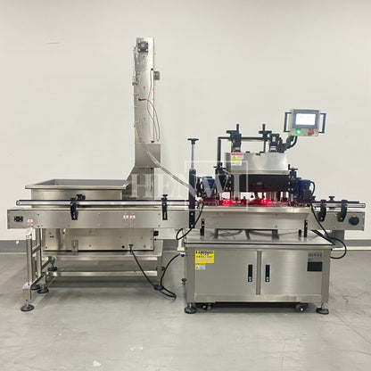 Henwi HWCM-W4x2 Automatic 2 Stations 4 Wheels Capper Bottle Screwing Capping Sealing Machine Cover Sealer with Automatic Cap Lifting Elevator Feeding Machine