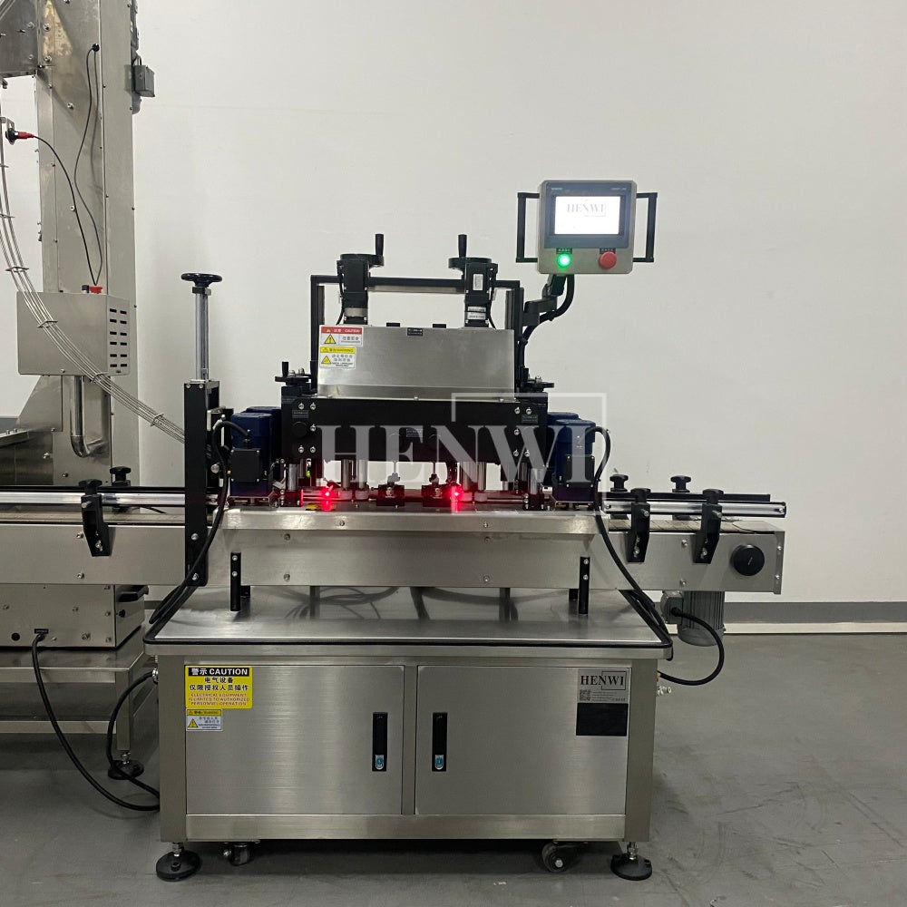 Henwi HWCM-W4x2 Automatic 2 Stations 4 Wheels Capper Bottle Screwing Capping Sealing Machine Cover Sealer with Automatic Cap Lifting Elevator Feeding Machine