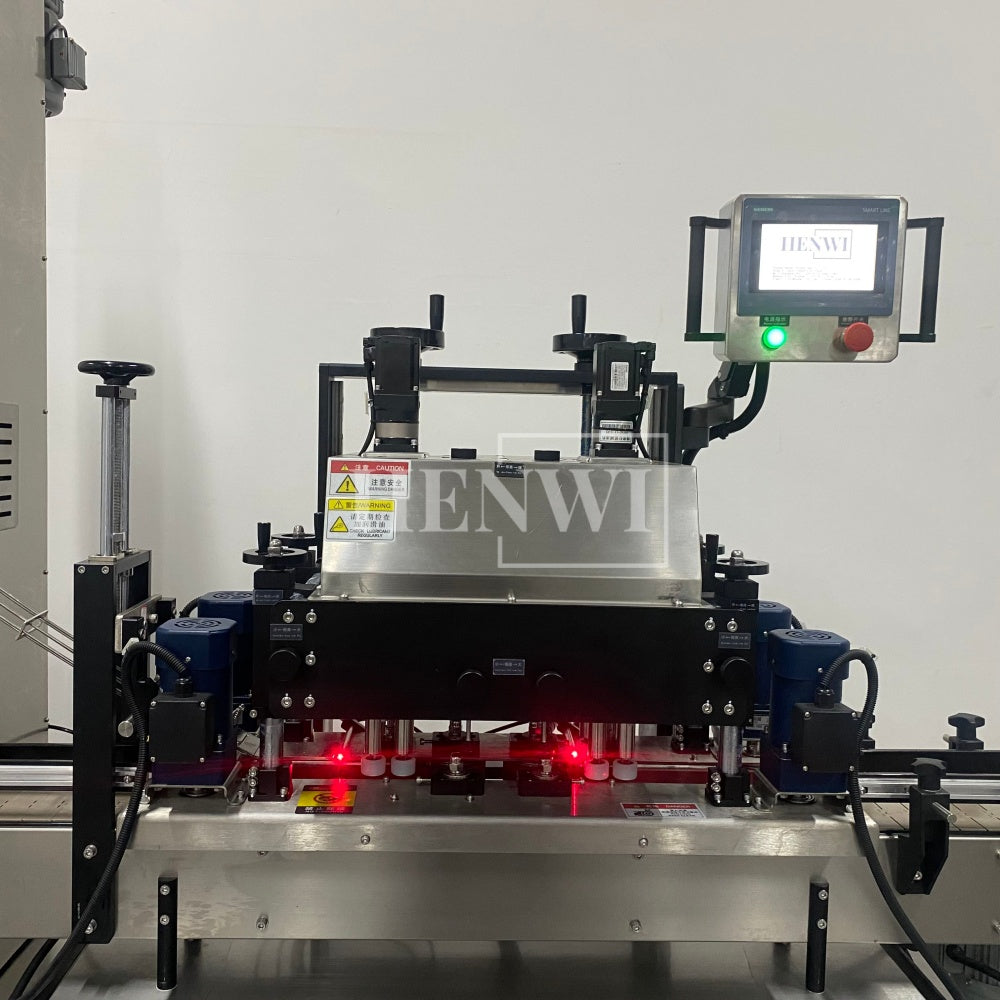 Henwi HWCM-W4x2 Automatic 2 Stations 4 Wheels Capper Bottle Screwing Capping Sealing Machine Cover Sealer with Automatic Cap Lifting Elevator Feeding Machine