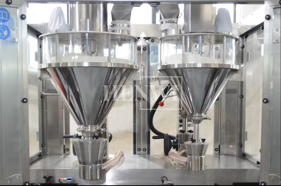 Henwi HWFM-Automatic 2 Nozzles Powder Filling Weighing Packing Machine Seasoning Albumen Protein Milk Powder Bottling Canning Seaming Machine