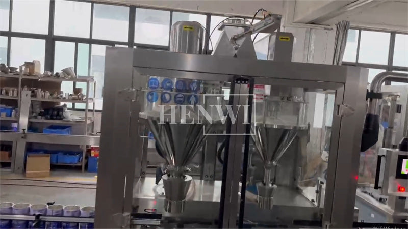 Henwi HWFM-Automatic 2 Nozzles Powder Filling Weighing Packing Machine Seasoning Albumen Protein Milk Powder Bottling Canning Seaming Machine