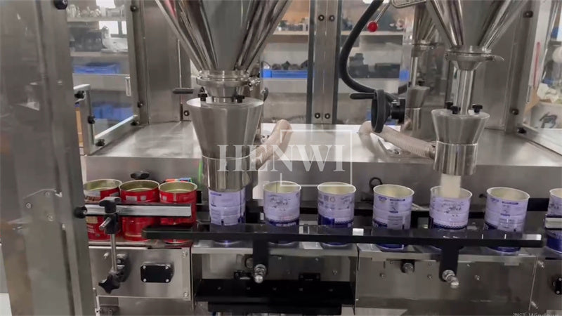 Henwi HWFM-Automatic 2 Nozzles Powder Filling Weighing Packing Machine Seasoning Albumen Protein Milk Powder Bottling Canning Seaming Machine