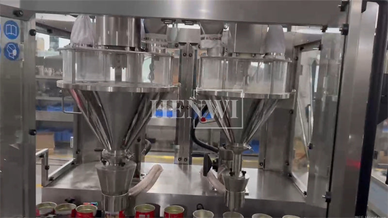 Henwi HWFM-Automatic 2 Nozzles Powder Filling Weighing Packing Machine Seasoning Albumen Protein Milk Powder Bottling Canning Seaming Machine