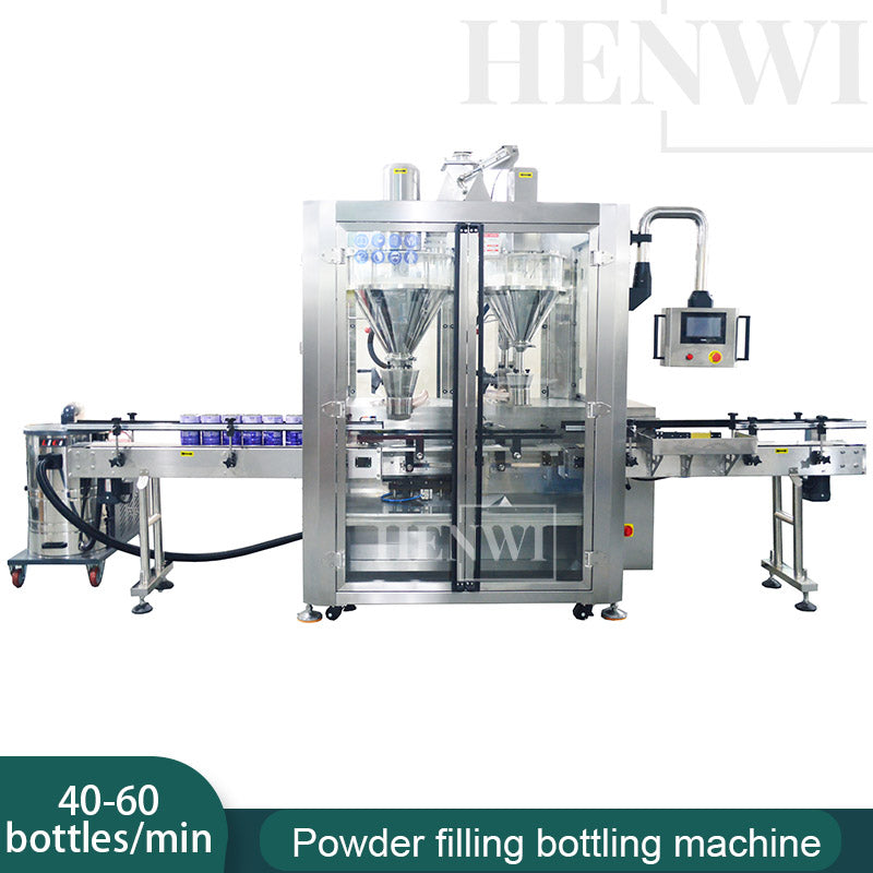 Henwi HWFM-Automatic 2 Nozzles Powder Filling Weighing Packing Machine Seasoning Albumen Protein Milk Powder Bottling Canning Seaming Machine