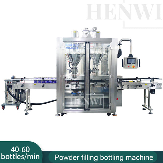 Henwi HWFM-Automatic 2 Nozzles Powder Filling Weighing Packing Machine Seasoning Albumen Protein Milk Powder Bottling Canning Seaming Machine