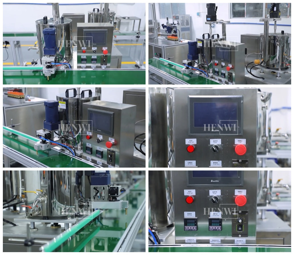 Henwi HWFM-F-CTF 1 Nozzle Full-Auto Constant Temperature Liquid Mixing Heating Bottling Filling Machine One Head Bottle Filler With Mixer Heater With Conveyor Belt