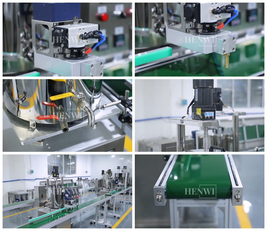 Henwi HWFM-F-CTF 1 Nozzle Full-Auto Constant Temperature Liquid Mixing Heating Bottling Filling Machine One Head Bottle Filler With Mixer Heater With Conveyor Belt