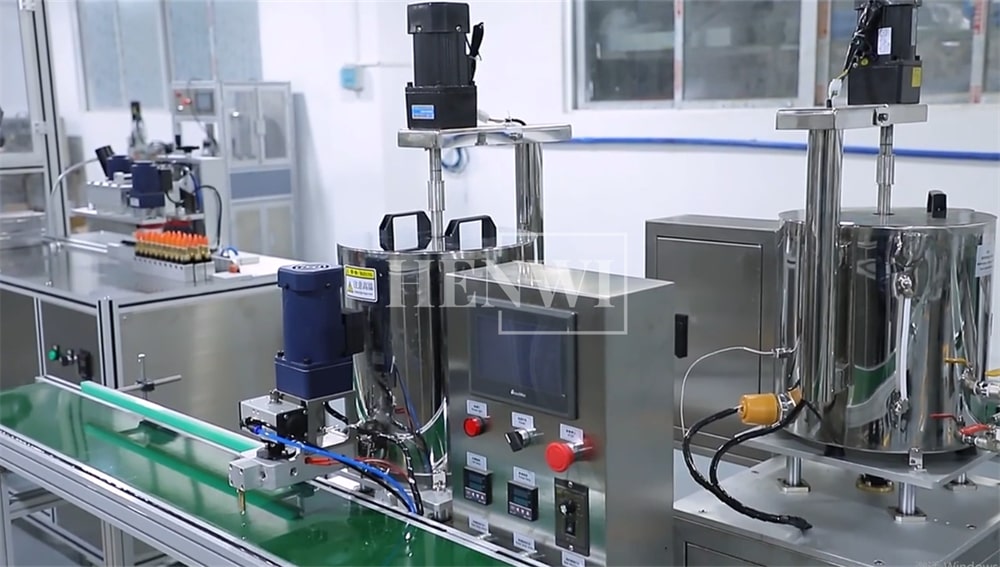 Henwi HWFM-F-CTF 1 Nozzle Full-Auto Constant Temperature Liquid Mixing Heating Bottling Filling Machine One Head Bottle Filler With Mixer Heater With Conveyor Belt