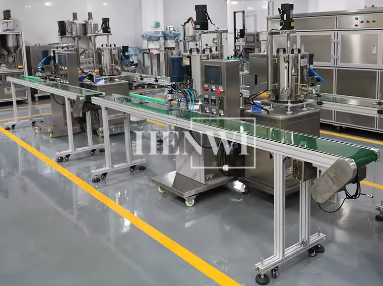 Henwi HWFCL- 1 Nozzle Full-Auto Liquid Mixing Heating Bottling Filling Machine One Head Bottle Filler With Mixer Heater with Semi Automatic Bottle Cover Cap Capping Labeling Machine Line with Handheld Induction Sealing Device with Cooling Tunnel