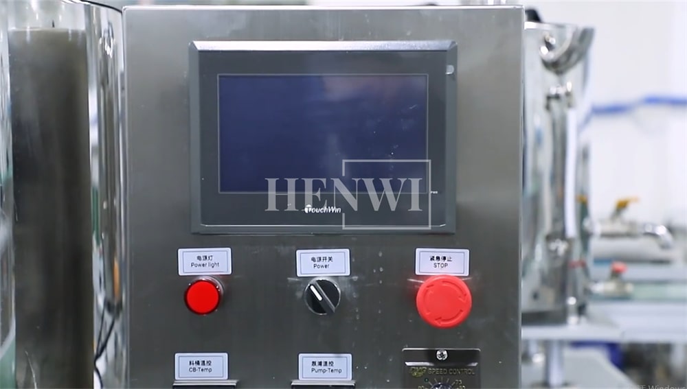 Henwi HWFM-F-CTF 1 Nozzle Full-Auto Constant Temperature Liquid Mixing Heating Bottling Filling Machine One Head Bottle Filler With Mixer Heater With Conveyor Belt
