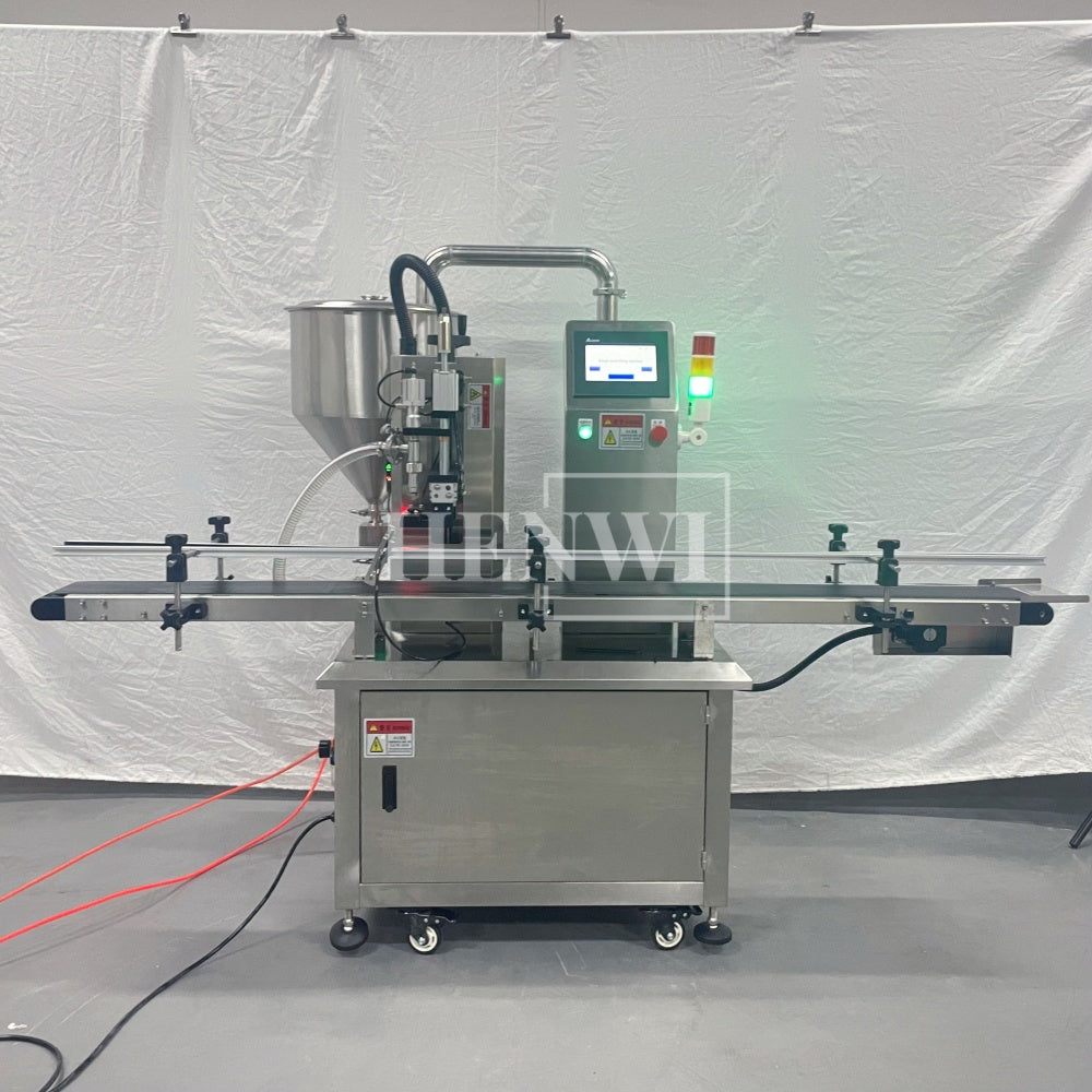 Henwi HWFCL-Automatic 1  Nozzle Gear Pump Liquid Filling Machine with 4 Wheels 1 Station Capping Machine with 2 Sides Square Bottle & Round Bottle Labeling Machine