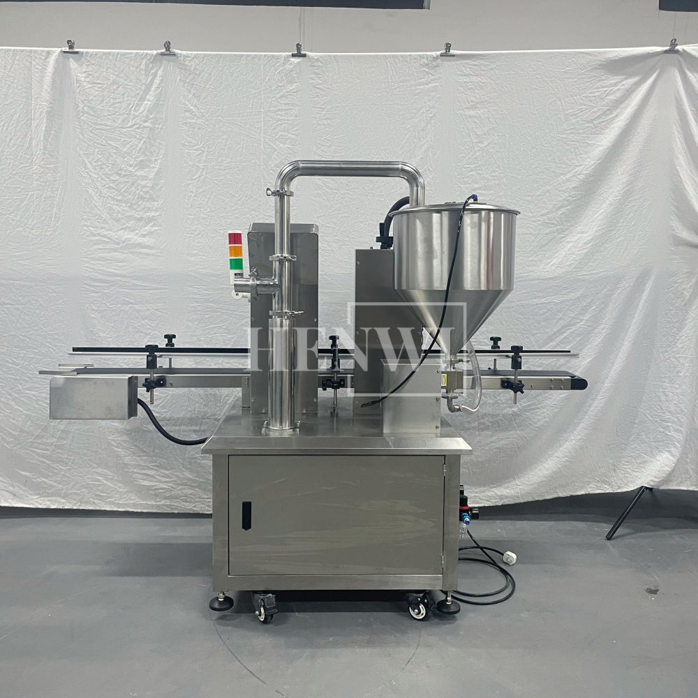 Henwi HWFCL-Automatic 1  Nozzle Gear Pump Liquid Filling Machine with 4 Wheels 1 Station Capping Machine with 2 Sides Square Bottle & Round Bottle Labeling Machine