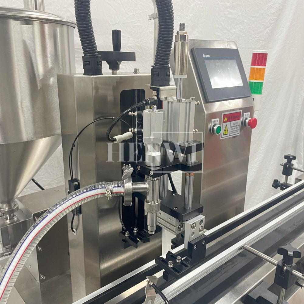 Henwi HWFCL-Automatic 1  Nozzle Gear Pump Liquid Filling Machine with 4 Wheels 1 Station Capping Machine with 2 Sides Square Bottle & Round Bottle Labeling Machine