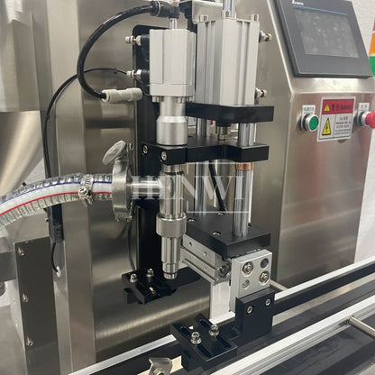 Henwi HWFCL-Automatic 1  Nozzle Gear Pump Liquid Filling Machine with 4 Wheels 1 Station Capping Machine with 2 Sides Square Bottle & Round Bottle Labeling Machine