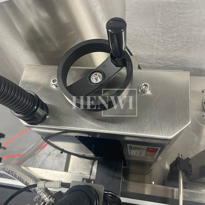 Henwi HWFCL-Automatic 1  Nozzle Gear Pump Liquid Filling Machine with 4 Wheels 1 Station Capping Machine with 2 Sides Square Bottle & Round Bottle Labeling Machine