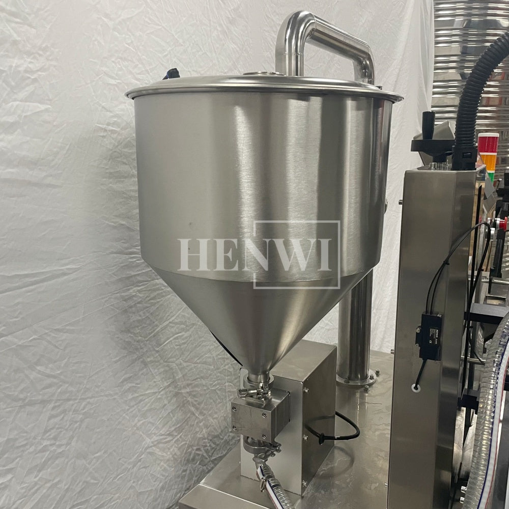 Henwi HWFCL-Automatic 1  Nozzle Gear Pump Liquid Filling Machine with 4 Wheels 1 Station Capping Machine with 2 Sides Square Bottle & Round Bottle Labeling Machine