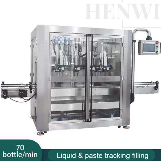 Henwi HWFM-T-4 Four Nozzles Tracking Model Automatic Liquid Bottling Filling Packing Machine 4 Heads Bottle Moving Filler