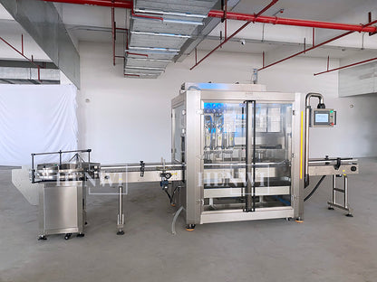 Henwi HWFCL- 4 Nozzles Moving Tracking Model Liquid Bottling Filling Packing Machine with 2 Stations Capping Machine with Double Sides Square & Round Bottle Labeling Machine