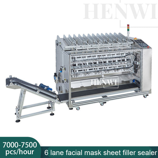 Henwi HWFSM-6 Lane Facial Sheet Mask Filler Sealer Six Lane Cosmetic Beauty Mask Facial Sheet Mask Pack Making Filling Sealing Machine