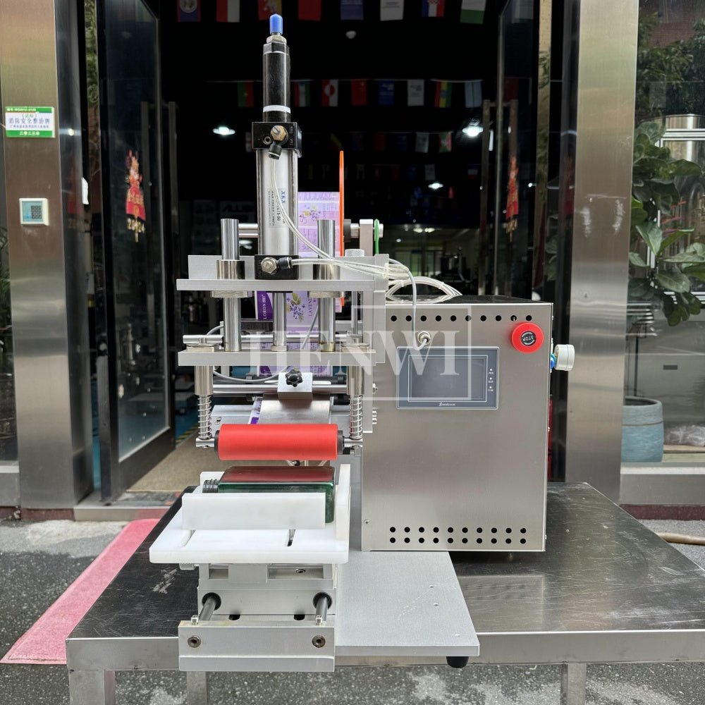 Henwi HWFCL- 1 Nozzle Semi-Auto Liquid Mixing Heating Bottling Filling Machine One Head Bottle Filler With Mixer Heater with Semi Automatic Bottle Cover Cap Capping Labeling Machine Line with Handheld Induction Sealing Device with Cooling Tunnel