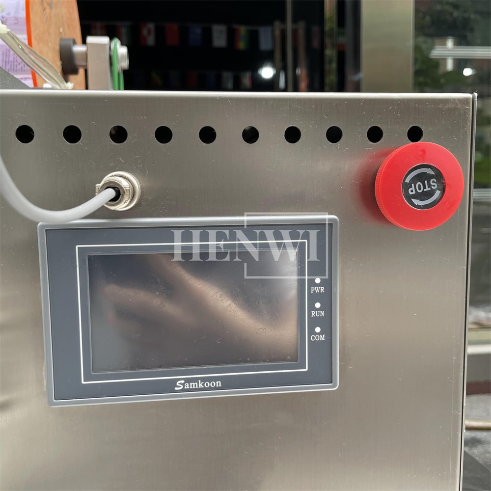 Henwi HWFCL- 1 Nozzle Semi-Auto Liquid Mixing Heating Bottling Filling Machine One Head Bottle Filler With Mixer Heater with Semi Automatic Bottle Cover Cap Capping Labeling Machine Line with Handheld Induction Sealing Device with Cooling Tunnel