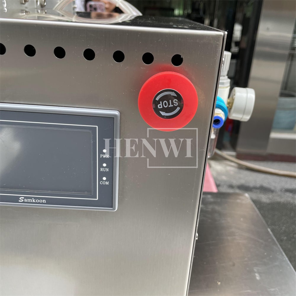 Henwi HWFCL- 1 Nozzle Semi-Auto Liquid Mixing Heating Bottling Filling Machine One Head Bottle Filler With Mixer Heater with Semi Automatic Bottle Cover Cap Capping Labeling Machine Line with Handheld Induction Sealing Device with Cooling Tunnel