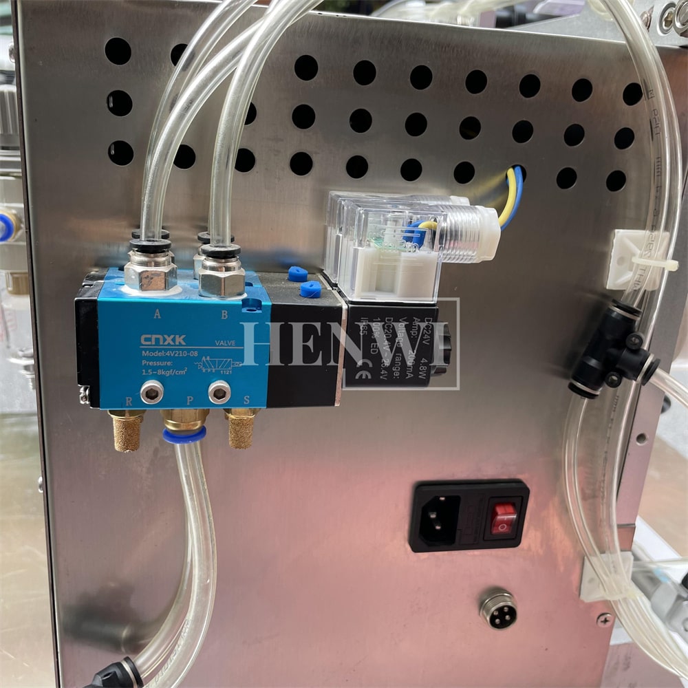 Henwi HWFCL- 1 Nozzle Semi-Auto Liquid Mixing Heating Bottling Filling Machine One Head Bottle Filler With Mixer Heater with Semi Automatic Bottle Cover Cap Capping Labeling Machine Line with Handheld Induction Sealing Device with Cooling Tunnel