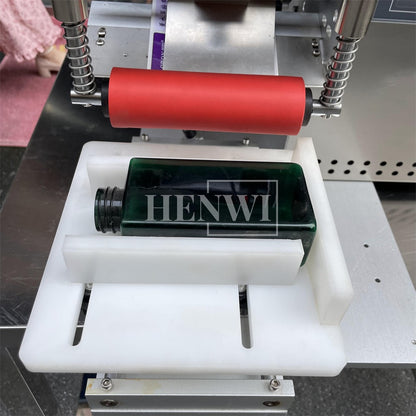 Henwi HWFCL- 1 Nozzle Semi-Auto Liquid Mixing Heating Bottling Filling Machine One Head Bottle Filler With Mixer Heater with Semi Automatic Bottle Cover Cap Capping Labeling Machine Line with Handheld Induction Sealing Device with Cooling Tunnel