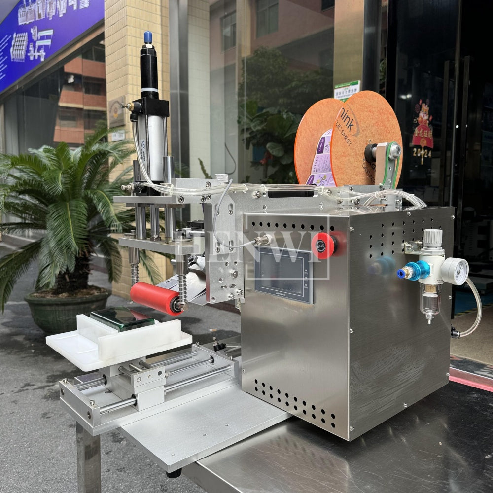 Henwi HWFCL- 1 Nozzle Semi-Auto Liquid Mixing Heating Bottling Filling Machine One Head Bottle Filler With Mixer Heater with Semi Automatic Bottle Cover Cap Capping Labeling Machine Line with Handheld Induction Sealing Device with Cooling Tunnel