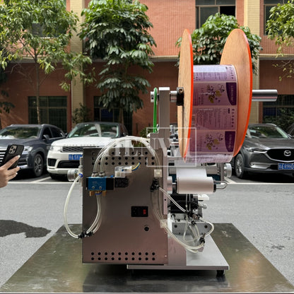 Henwi HWFCL- 1 Nozzle Semi-Auto Liquid Mixing Heating Bottling Filling Machine One Head Bottle Filler With Mixer Heater with Semi Automatic Bottle Cover Cap Capping Labeling Machine Line with Handheld Induction Sealing Device with Cooling Tunnel