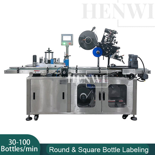 Henwi HWLM-RSTB Automatic Round Bottle & Square Bottle Top & Bottom Double Side Labeller Machine Self-Adhesive Sticker Labeling Machine