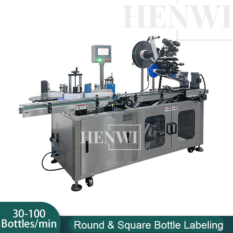 Henwi HWLM-RSTB Automatic Round Bottle & Square Bottle Top & Bottom Double Side Labeller Machine Self-Adhesive Sticker Labeling Machine