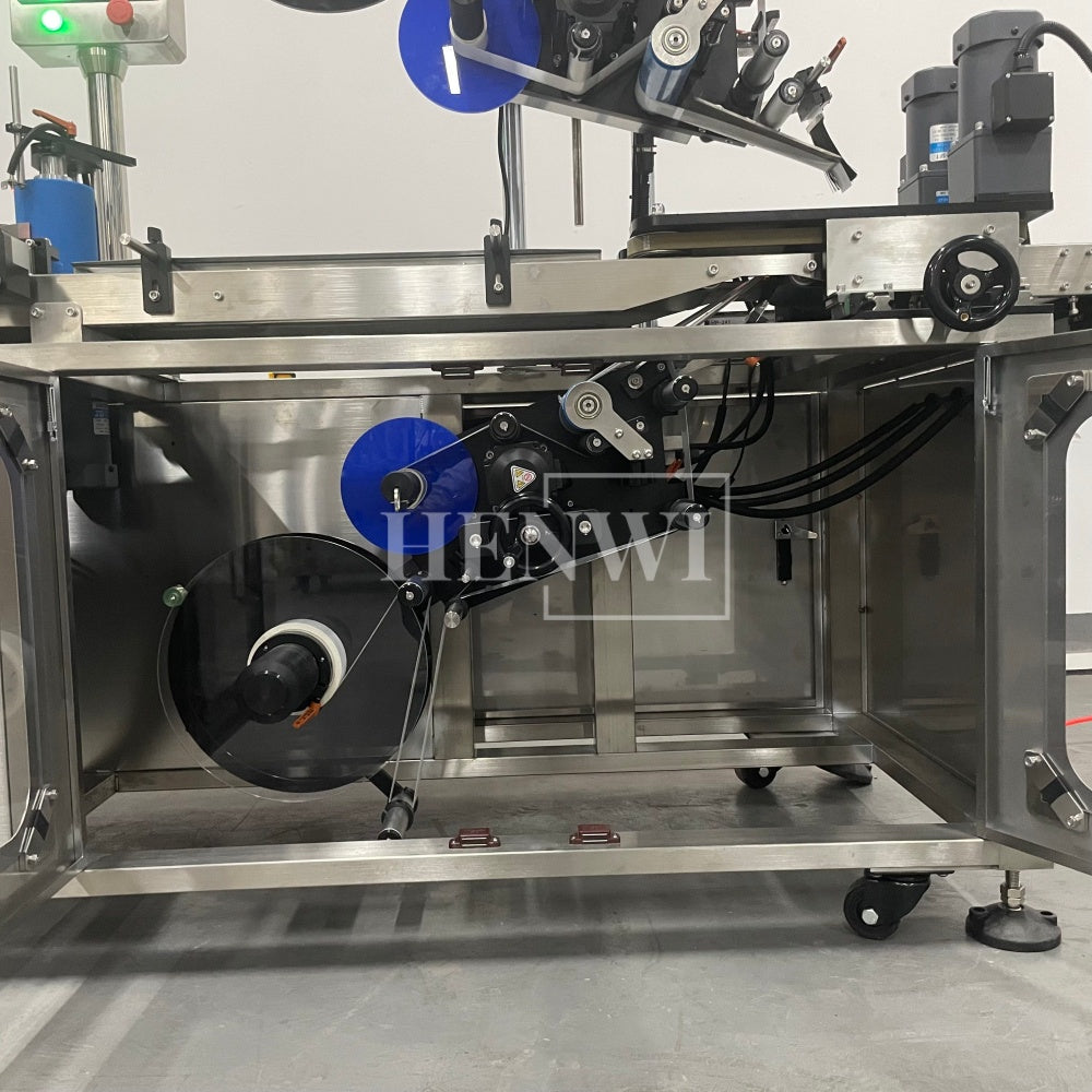 Henwi HWLM-RSTB Automatic Round Bottle & Square Bottle Top & Bottom Double Side Labeller Machine Self-Adhesive Sticker Labeling Machine