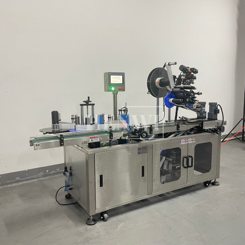 Henwi HWLM-RSTB Automatic Round Bottle & Square Bottle Top & Bottom Double Side Labeller Machine Self-Adhesive Sticker Labeling Machine