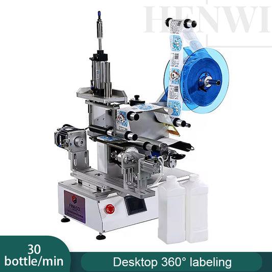 Henwi HWLM-S-4S Manual Horizontal Model 4 Sides Square Bottle Jar Labeller Machine Self-Adhesive Sticker 360° Labeling Machine